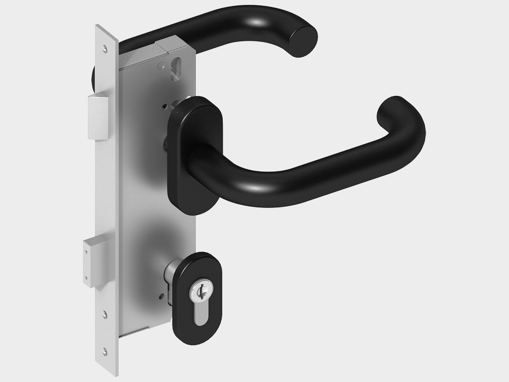 Mexanik ichki qulup, qora rangli tutqichlar bilan.